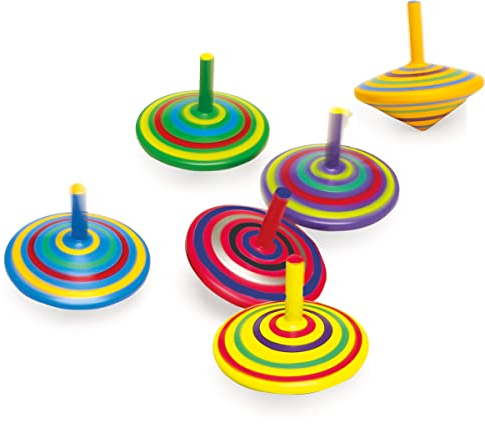 small foot Kreisel aus Holz, sechs Stück mit bunten Bemalungen und Mustern, Farbeffekt beim Drehen, ab 3 Jahren, 1730, 6 x 6 x 6 cm