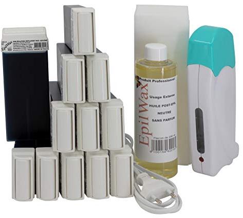 Epilwax Kit Depilacion Calentador de Cera Roll On Tibia Fundidor Electrico Profesional Easy Wax Depilación con Bandas : con 12 Cartuchos roll-on de Cera Azuleno de 100 ml, 1 Paquete de 100 Bandas Depilatorias y una botella de 250 ml de aceite post- Depilacion (Modelo Solo 12 azuleno)