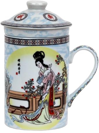 Keramik Teetasse mit Deckel + Sieb für Losen Tee mit Asiatischem Motiv (Sonnenuntergang, 135) Japanische Chinesische Tasse Für Teeliebhaber, Porzellan Kaffee Geschenk Set Asien Asia Becher Haferl