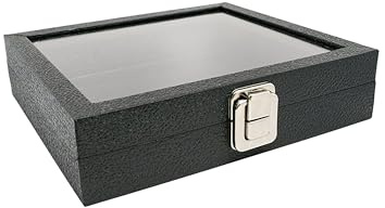 Novel Box Jewelry Organizer Box Black Leatherette 8.25x7.25x2 Half Size Glass Jewelry Box with Lid with Metal Clasp - Gem Display Case - Jewelry Display Case for Necklaces Bracelets Rings Accessories