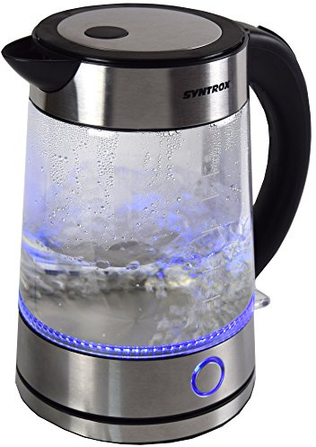 Syntrox Germany WK-2000W-1.7G Rio 2000 Watt 1,7 Liter Edelstahl schnurlos Glas Wasserkocher mit blauem LED Licht ° cordess Wasserkessel Teekessel