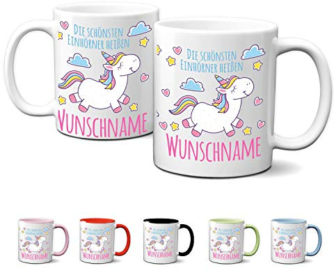 Partycards Keramik Tasse personalisiert mit Einhorn Motiv, 330 ml, weiß - Perfekt als Einhorn Geschenke für Mädchen, Geschenk für Frauen, Kaffeetasse mit Namen personalisierte Geschenke Mädchen