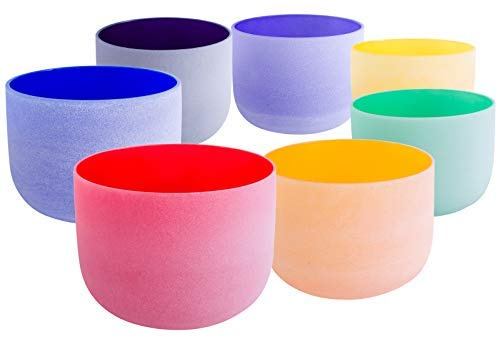ENERGYSOUND Matte Quartz Singing Bowl Set with 7 Coloured Crystals, 20-30 cm