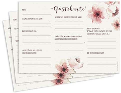 FRUITPRINTS 25er Set Gästekarten, Motiv: Kirschblüten, mit Fragen zum Ausfüllen, Format A5, Hochzeitsspiel, Gästebuchkarten