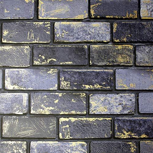 Arthouse | Metallic Brick Navy/Gold Wallpaper | Statement Brick Design with Gold Metallic Highlights | Paste The Paper Wallpaper for Feature Walls and All Walls | 1005 x 53cm