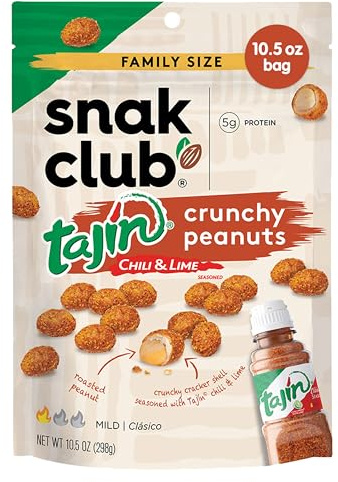 Snak Club Tajin Crunchy Peanuts, Nuts with Chili and Lime Seasoning, Mild, 10.5 oz Resealable Bag