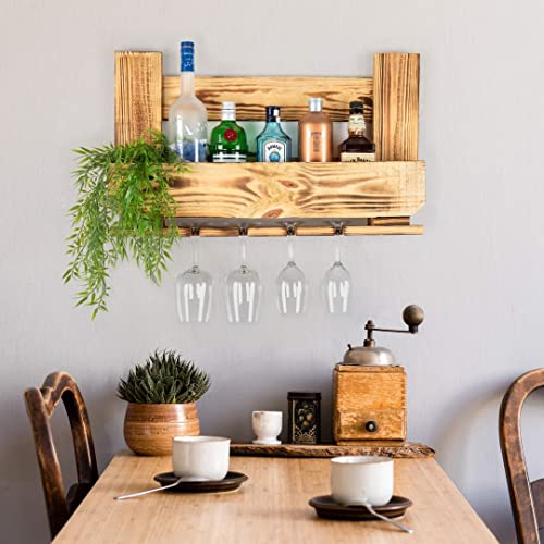 K&L Wall Art Palettenmöbel für Weinflaschen Schweberegal Weinglas Schrank massiv Holzregal Vintage Hängeregal Paletten geflammt naturbelassen (Flaschen- und Weinregal)