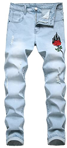 QIMYUM Revade jeans för män, slitna förstörda smal passform raka ben denimbyxor, Ly024, 56