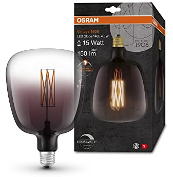 OSRAM Lamps Vintage 1906 LED mit Smoke-Tönung,4,5W,150lm,Kugel-Form 140mm Durchmesser & E27-Sockel,warmweiße Lichtfarbe,gerades Filament,dimmbar,bis zu 15.000 Stunden Lebensdauer,4058075760974