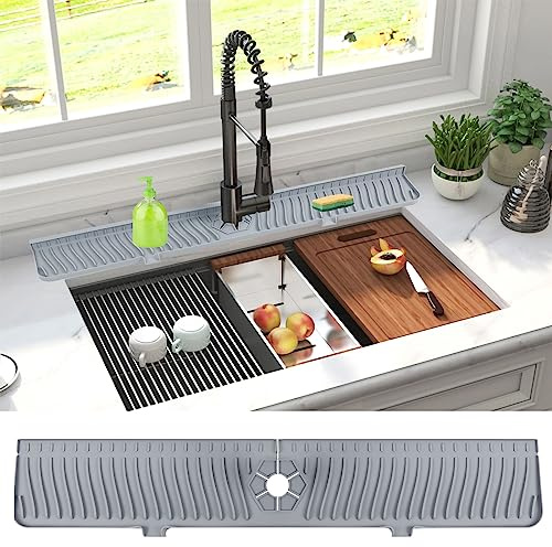 Derlights 30 inch Sink Splash Guard Mat,Silicone Faucet Handle Drip Catcher Tray, Longer Silicone Sink Mat for KitchenBathroom, Drip Protector Splash Countertop (Gray)
