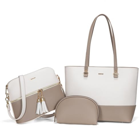 LOVEVOOK Handtaschen Damen Shopper Schultertasche Umhängetasche Damen Groß Damen Tasche für Büro Schule Einkauf Reise Handtasche 3-teiliges Set, Beige Khaki