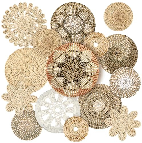 Xuhal 15 Pcs Boho Wall Basket Decor Handcrafted Seagrass Woven Wall Basket Rustic Round Woven Hanging Art for Home Farmhouse Kitchen Table Living Room(Classic Style)