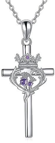 YFN Schottische Halskette Geschenke für Frauen Sterling Silber Distel Amethyst Krone Anhänger luckenbooth Schmuck für Mädchen Mama Geburtstag Christms
