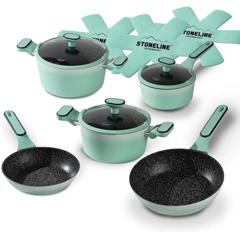 STONELINE Kochgeschirr Set 11-teilig 18/20/24 cm Set Pfannen und Töpfe mit Deckel, Topfset Pfanne Induktion Antihaft Beschichtet mit echten Steinpartikeln, Alle Herdarten, Farbe: Mint