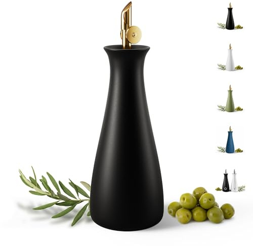 HB Design Co. Ceramic Olive Oil Dispenser with Self-Closing Gold Spout - 530 ML Capacity Matte White Ceramic Oil Dispenser for Kitchen - Leak Proof EVOO Dispensing Bottle