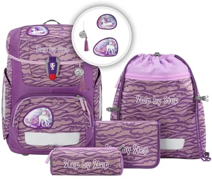 Step by Step Schulranzen-Set Circle „Lovely Unicorn Nuala“ 5-teilig, lila-rosa, Einhorn, kreislauffähiger & nachhaltiger Tornister mit Reflektoren, höhenverstellbar mit Hüftgurt, ab 1. Klasse, 21L