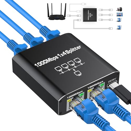 AXFEE Ethernet RJ45 1 à 4 Ports, 1000Mbps RJ45 Switch Network LAN avec Port d'alimentation USB C pour Ordinateur, Commutateurs, Routeurs,Hub, ADSL, Boîtiers Décodeurs, Téléviseurs, Plug&Play