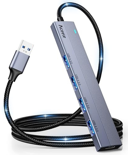 Aceele Hub USB 3.0 con Cavo Lungo 120 cm in Nylon, Sdoppiatore USB in Alluminio a 4 Porte da 5 Gbps, Estensore Porta USB Multipla per Laptop, PC Desktop, MacBook, Unità Flash, Xbox, PS5 e Altro
