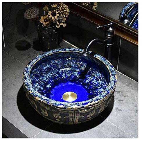 Mobile lavabo con lavabo, lavabo da Bagno, lavabo da appoggio, vasche da appoggio, lavabo Rustico per casa, lavabo, 16, Decorazione con Motivo Totem retrò