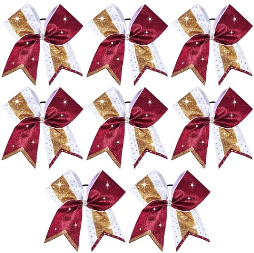 8 PCS Large Glitter Cheer Bows 8 Rhinestones Hair Bows Sparkly Cheerleading Softball Team Bow Hair Ponytail Holder Accessories for cheerleaders football Competition Sports- Maroon Gold