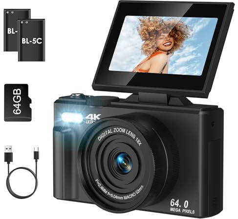 SOPPY 4K Digital Camera with WIFI Transfer, 64MP Auto-Focus Vlogging for YouTube, 18X Digital Zoom, 3 180° Flip Screen with SD Card, Compact Gifts for Boys Girls Beginners,Black