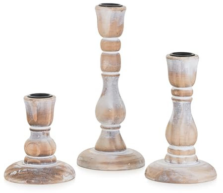 NUPTIO Wooden Candlestick Holder Rustic: Set of 3 Vintage Wood Candle Stick Holder White Taper for Wedding Birthday Party Holiday Christmas Home Dining Table Decor Candleholders