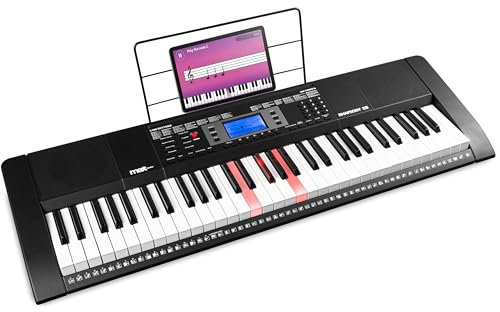 MAX Rhapsody61L - Digital Piano, Midi Keyboard für Anfänger, 61 Leuchttasten, Klavier Kinder, 300 Sounds, 300 Rhythmen, Begleitautomatik, 3 stufige Trainingsfunktion, Keyboard Piano - Schwarz