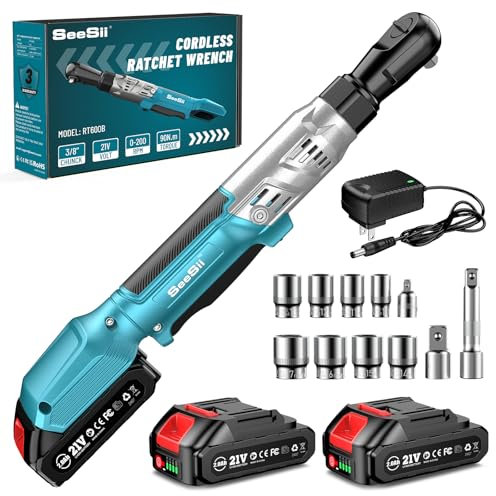 Seesii 21V 3/8 Cordless Ratchet Wrench Kit, 66Ft-lbs Electric Ratchet, Variable Speed Power Ratchet, 2X2.0Ah Li-Ion Batteries and Charger,7 Sockets,1/4 Adaptor,1/2 Adaptor,3 Extension Bar, RT600B