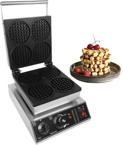 Waffeleisen, Waffelautomat Rund, 1750W 4 Waffel, Waffeltoaster Doppelt mit Timer & 50-300 °C Stufenlos & Edelstahlgehäuse, Antihaftbeschichter Waffle Maker für Haus und Geschäft
