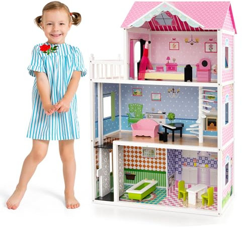 COSTWAY Maison de Poupée en Bois à 3 Etages avec 5 Pièces & Ascenseur & Escalier Rotatif, Maison de Rêve avec Autocollants & 10 Meubles, Jeu d’Imitation pour Enfants de 3 Ans+, 80 x 33 x 114 cm