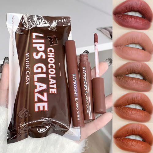 Domality 5-teiliges Mattes Flüssiges Lippenstift-Set für Mädchen und Frauen, Wasserdichtes Lipgloss-Set, Langlebige Antihaft-Tasse Nude & Braun Getöntes und Dunkelrotes Lippenflecken-Kit