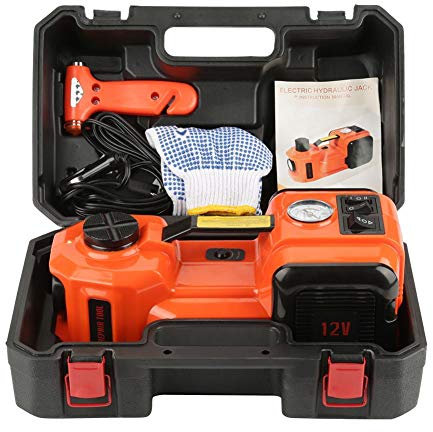 TKSE 5T 12V DC Elektrisch-Hydraulischer Wagenheber, DREI Funktionen Wagenheber mit Inflator und Taschenlampe Tragbares Autoreparatur-Werkzeugset, Hydraulische Rangierwagenheber für Autos LKWs SUVs