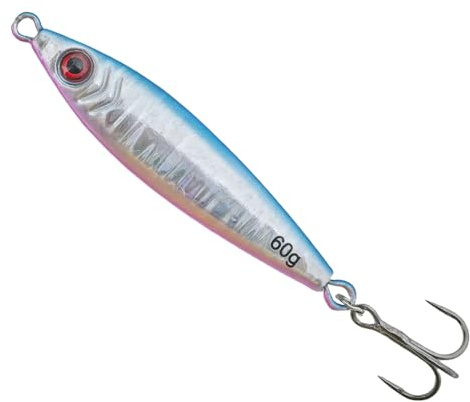 1X 60G Metal Heavy Fishing Lure Sea Trout Jig Spinner Sinking Pike Bass Pollock Boat Trawler Beach Casting Long Cast Sprat Hard Cod Crank Holographic Blue Shiny Minnow Spoon Trebble Hook