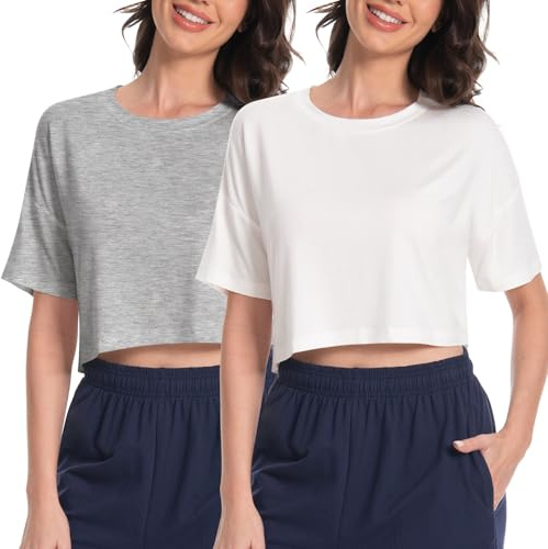 Rolcoassuns 2-Pack Women's Crew Neck Cropped T Shirts, Half Sleeve Drop Shoulder Short Sleeve, Summer Solid Color Casual Basic Tees White/Gray