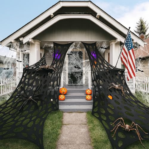 1360 Sqft Cuttable Stretchy Spider Web Halloween Decoration, Black Giant Outdoor Beef Netting Halloween Spider Webs, DIY Spooky Gauze Cobweb Fake Spiders Bats for Yard Garden Party Decor (472 x 39)
