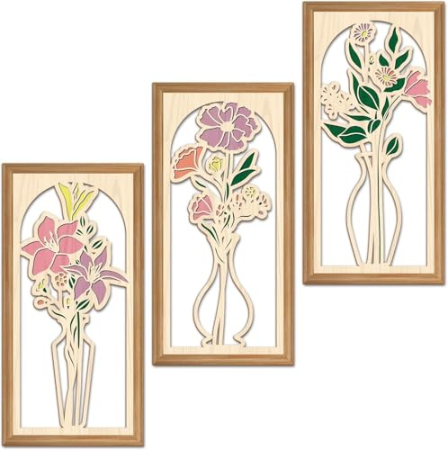 ANHUIB 3Pcs Hollow Boho Flower Wooden Wall Art Minimalism Flower in Vase Hanging Wood Wall Decor Abstract Botanical Floral Wood Wall Hangings Farmhouse Bohemian Wall Sign for Living Room Bedroom 8x16