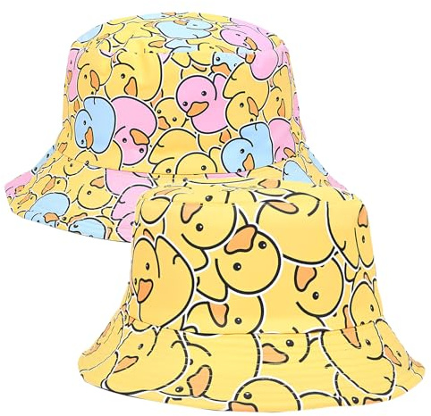 Enten Reversibel Fischerhut für Damen Herren, 2PCS Wendbares Fischerhüte Strand Bucket Hat Modisch Sommerhut Hut Leicht Faltbar Anglerhut Doppelseitig Retro Eimer Hüte für Wandern Urlaub Karneval