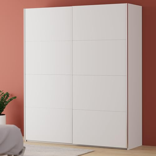 Forte FITTIO Kleiderschrank 200, moderner Schwebetürenschrank, 2-türig, Kleiderstange, Einlegeböden, Schlafzimmer, Holzwerkstoff, Weiß, 200,1 cm breit x 235 cm hoch x 61,2 cm tief