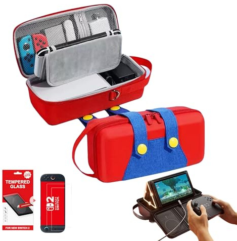 Oji Nova Étui de Protection Compatible avec Console Nintendo Switch 2, Étui de Transport Rigide Mario avec Support Intégré, Verre Trempé et Rangement pour 12 Jeux – Rouge/Bleu