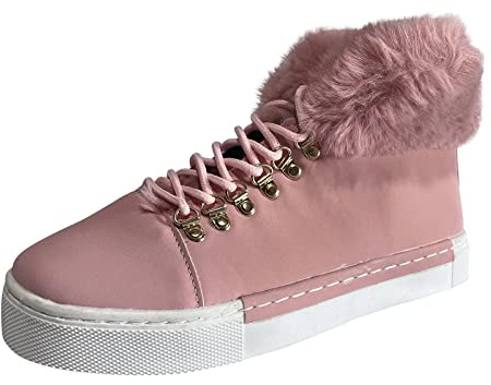 Snöstövlar dam päls, varma D vinter snörning stövlar dam, vinterkänga dämpade ankelstövlar platta stövlar, casual, chic boots, enfärgad, lågklackad stövel, plusstorlek, stövel, pink, 42 EU