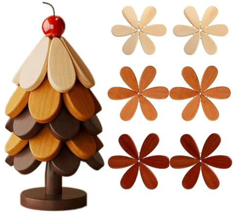 Sottobicchieri in legno da 5 pezzi, spessore 12 mm, rivestimento in olio di cera ecologica, sottobicchieri decorativi da cucina e da tavolo per piatti caldi/padelle/ciotole (Apple – 5 pot trivets)