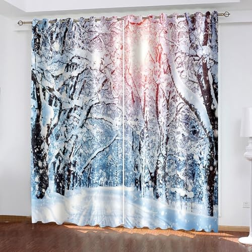 Wycian Fertiggardinen Vorhänge Schwarz Orange 2 Er Polyester Winterbäume und Weg mit Schnee H115 X B86Cm für Schlafzimmer