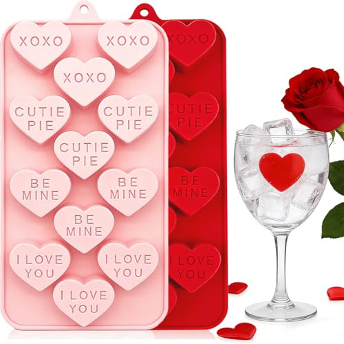 Conversation Heart Silicone Mold 2Pcs Valentines Silicone Molds Heart Chocolate Candy Molds with Love Word Anniversary Heart Baking Mold for Baking Cake Jelly Pudding Fondant Muffin Soap Candle Ice