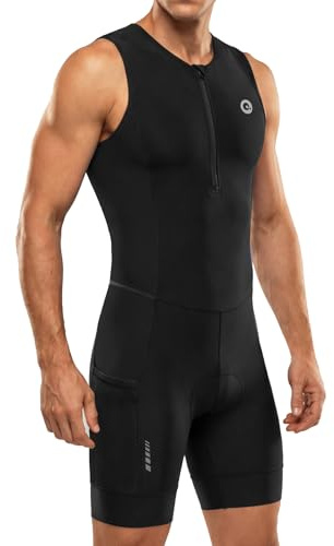 Men's Triathlon Suit Sleeveless Trisuit for Swim Bike Run, 2 Mesh Pockets | Quick-dry 4-way stretch fabric with aero fit, a low-bulk 4mm tri pad and stay-put leg grippers for racing and training