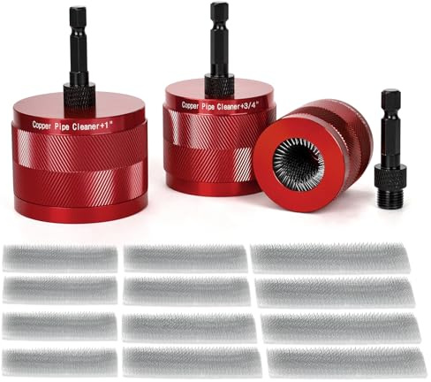 Bourske 1/2 & 3/4 & 1 Copper Pipe Cleaner Set for Drill with 1/4 Hex Shank & 12 Brush Blades, Plumbing Tools for Removing Rust, Stains & Paint