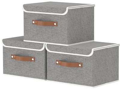 OUTBROS 3 Set Aufbewahrungsbox mit Deckel, Unterbettbox 26×20×17cm, Grau | Faltbarer Aufbewahrungskorb, Ordnungsbox mit Griff, Schrank Organizer Kleiderschrank, für Kleidung