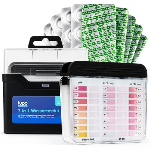 LUPO 3-in-1 Pool-Wassertestkit | Pool-Testkit für Schwimmbäder und Spas zur Messung von freiem Chlor, freiem Brom & pH | Pool-Chemietest für schnelle und genaue Wasseranalyse zu Hause