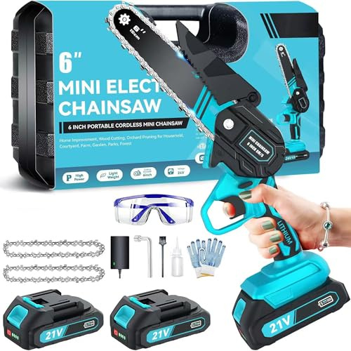 Motosierra inalámbrica de 6 pulgadas, sierra eléctrica de cadena con 2 baterías y motor de 850W, pequeña motosierra con 2 cadenas y bloqueo de seguridad, sierra de cadena ligera de mano para cortar