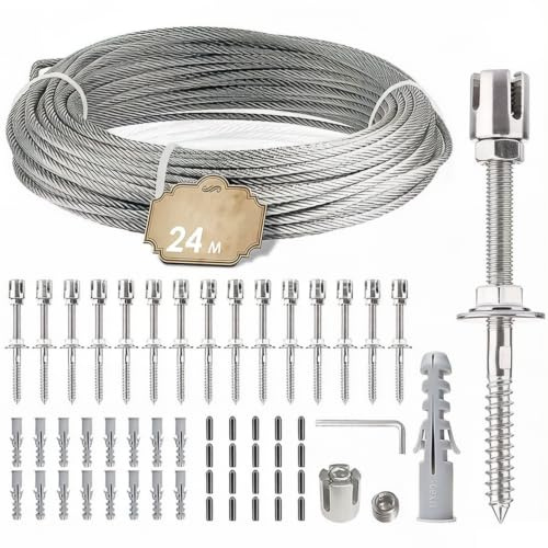 Rankhilfe Metall für Kletterpflanzen, Edelstahl Robust Drahtgitter Set mit 24m Rankhilfe Edelstahl (3mm Stahlseil) und 16 Halter für Kletterpflanzen, Garten, Mauer, Rosen Weinreben
