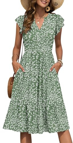 PLMOKEN Summer Dresses for Women UK Floral Sundress Short Sleeve V Neck Knee Length Loose Ruffle Beach Dresses with Pockets